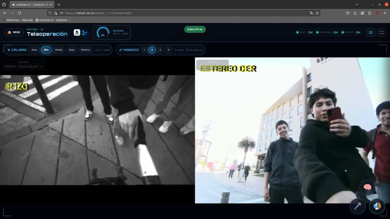 Interfaz de teleoperación de NAV-INTR40 con la vista de las cámaras de un humanoide Unitree G1 caminando por las calles de Chía